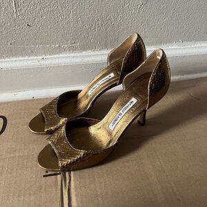Manolo Blahnik Gold Python Embossed Open Toe Pumps